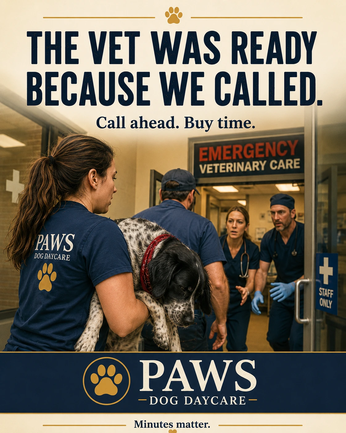 PAWS Dog Daycare emergency transport image showing staff carrying Walker into an emergency veterinary hospital after calling ahead.