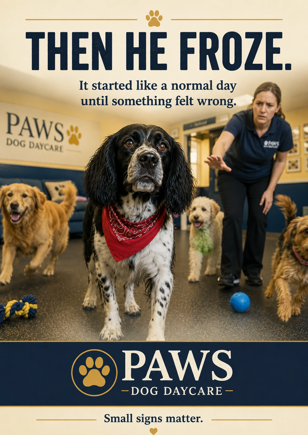 PAWS Dog Daycare image showing Walker suddenly becoming still in the playroom while a staff member notices the change and approaches.
