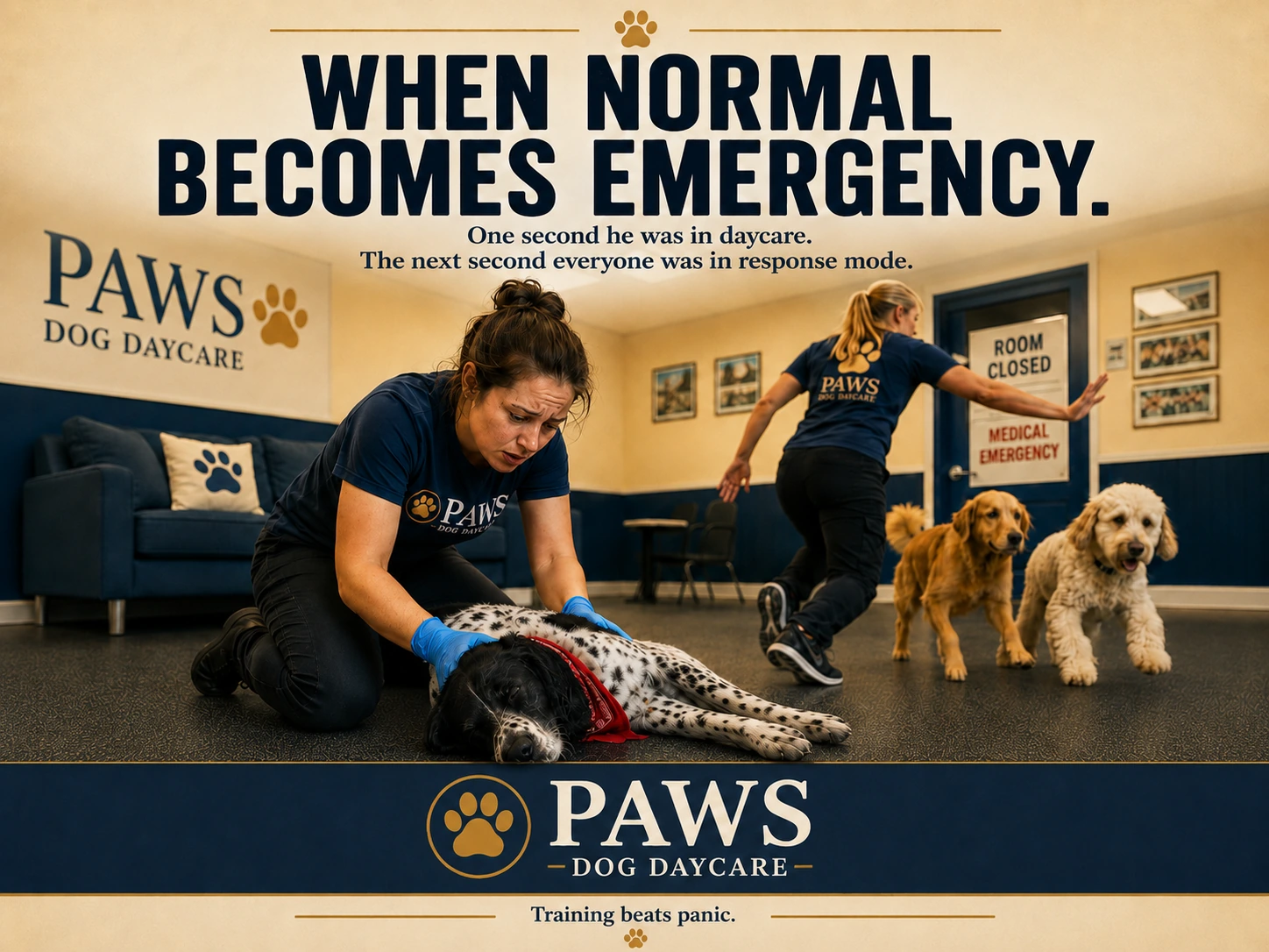 PAWS Dog Daycare emergency-response image showing staff assisting Walker after he suddenly collapses during daycare while another employee clears the room.