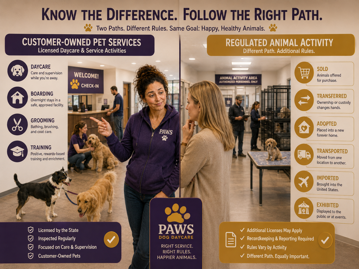 PAWS operator compares customer-owned pet services such as daycare, boarding, grooming, and training with regulated activities involving animal sales, transfers, adoption, transport, import, or exhibition.