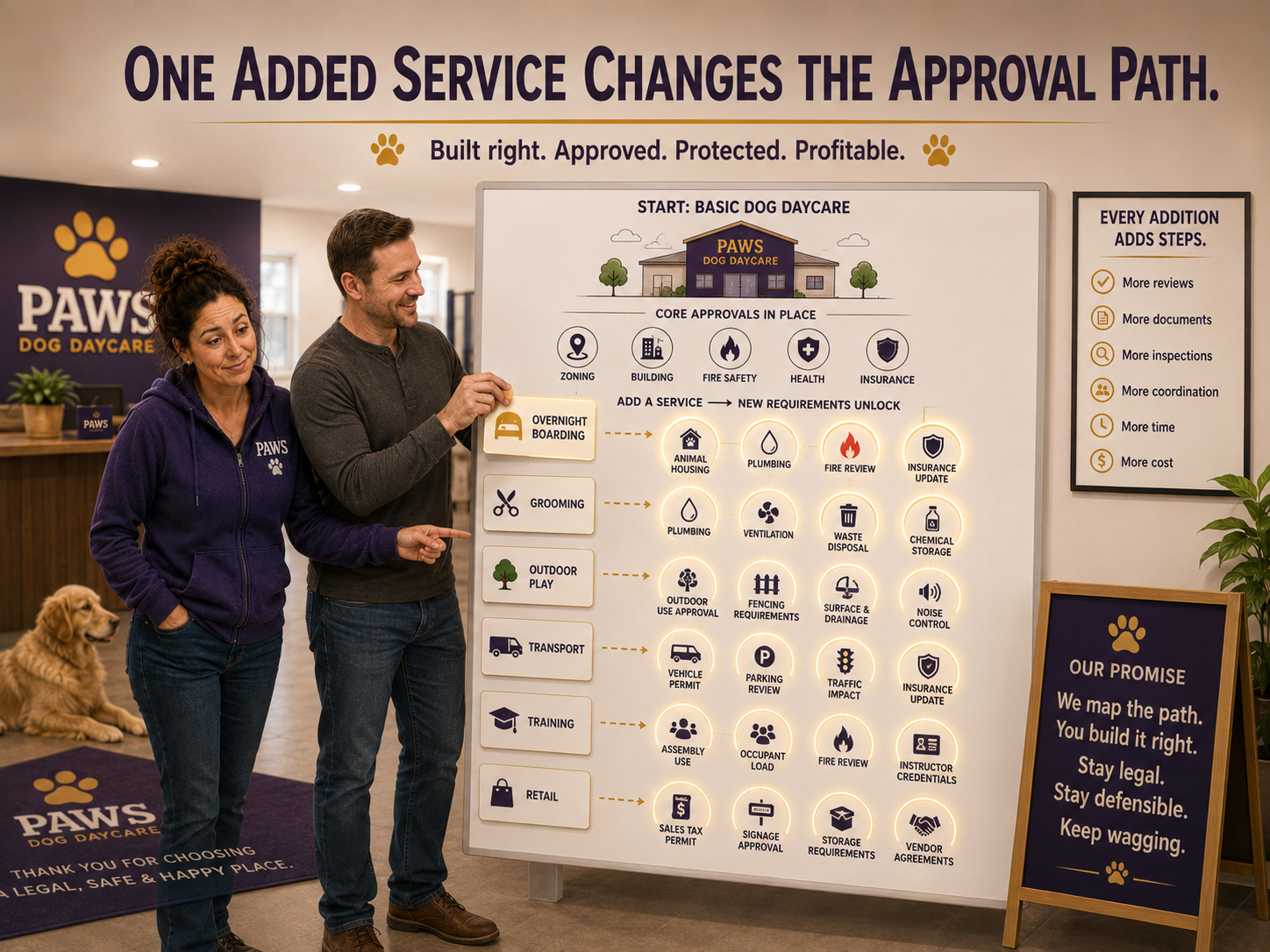 PAWS operator shows how adding boarding, grooming, outdoor play, transportation, training, or retail can trigger new permits, inspections, insurance, plumbing, safety, and zoning requirements.