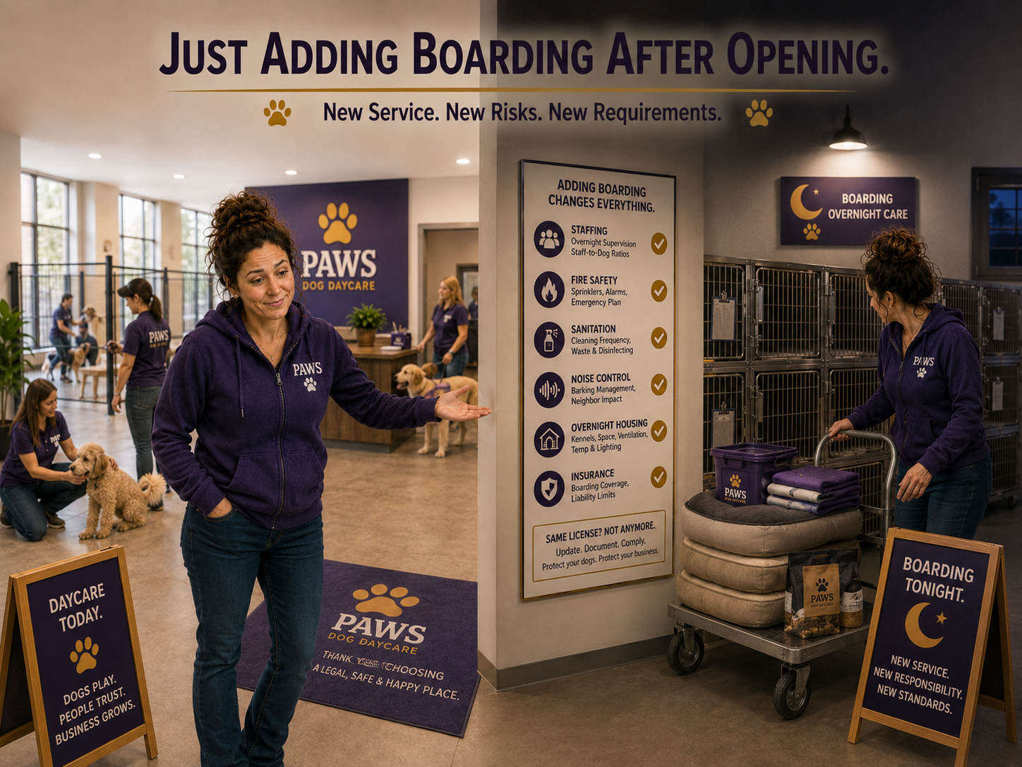 PAWS operator explains how adding overnight boarding to an existing daycare creates new staffing, fire safety, sanitation, noise, housing, ventilation, and insurance requirements.