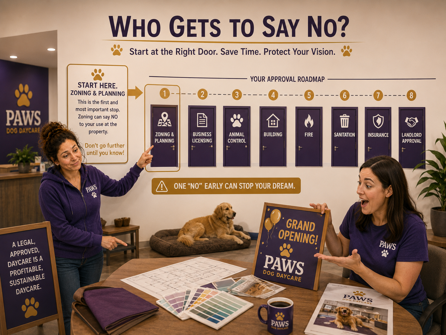 PAWS operator identifies zoning and planning as the first stop in a dog daycare approval roadmap that also includes licensing, animal control, building, fire, sanitation, insurance, and landlord approval.