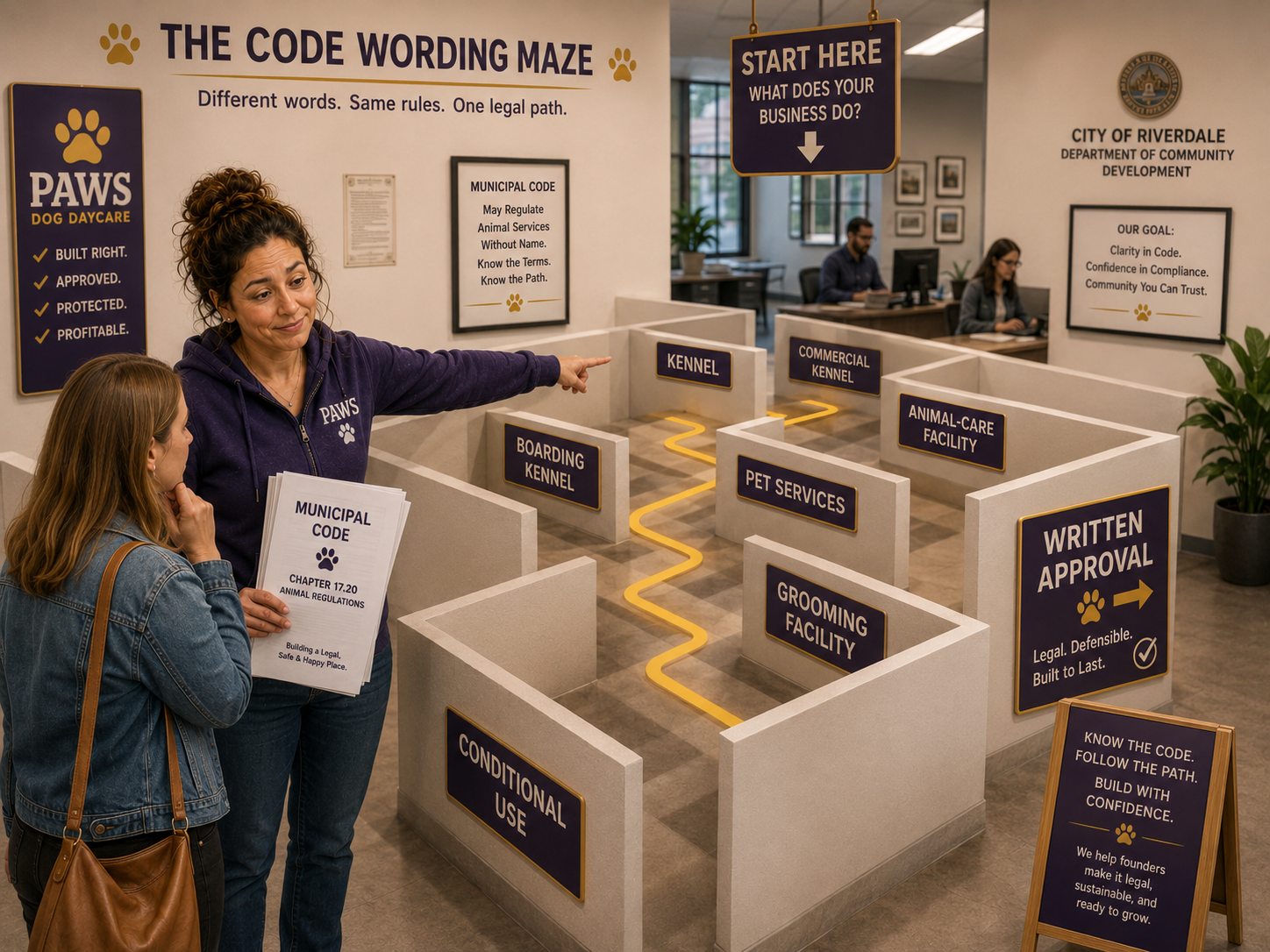 PAWS operator guides a founder through municipal code terms including kennel, boarding kennel, commercial kennel, pet services, grooming facility, animal-care facility, and conditional use.