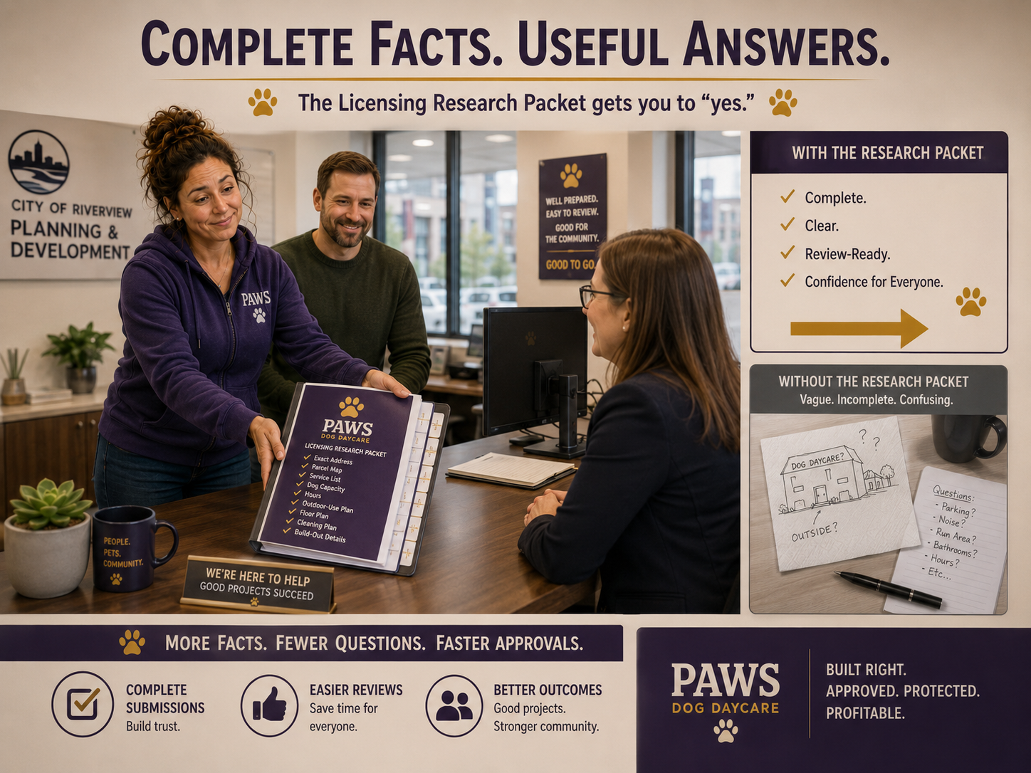 PAWS operator gives a city planning official a complete dog daycare licensing packet with the address, parcel map, services, dog capacity, hours, outdoor plan, floor plan, cleaning plan, and build-out details.