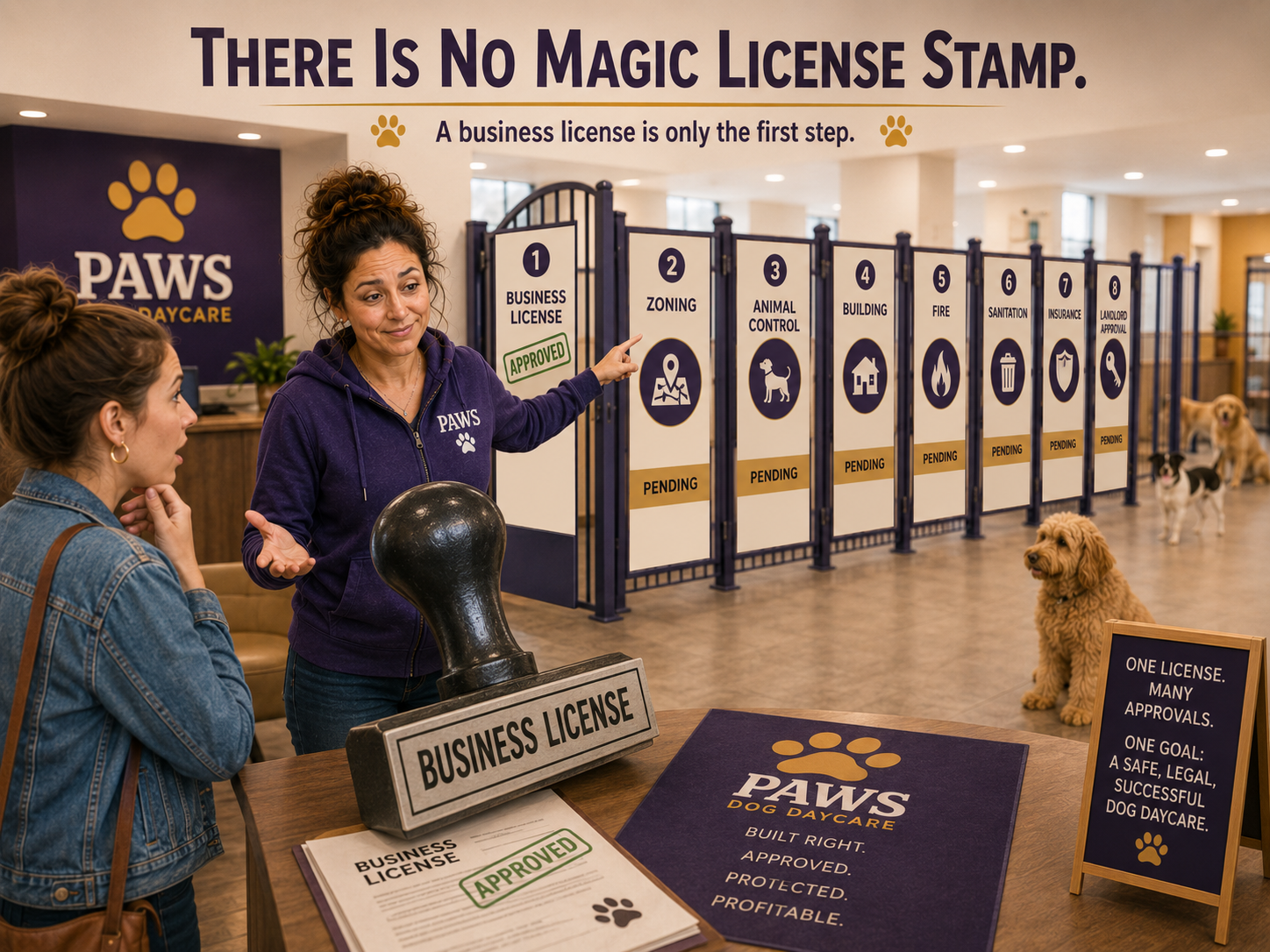 PAWS operator explains that a business license is only the first of several dog daycare approvals, including zoning, animal control, building, fire, sanitation, insurance, and landlord approval.