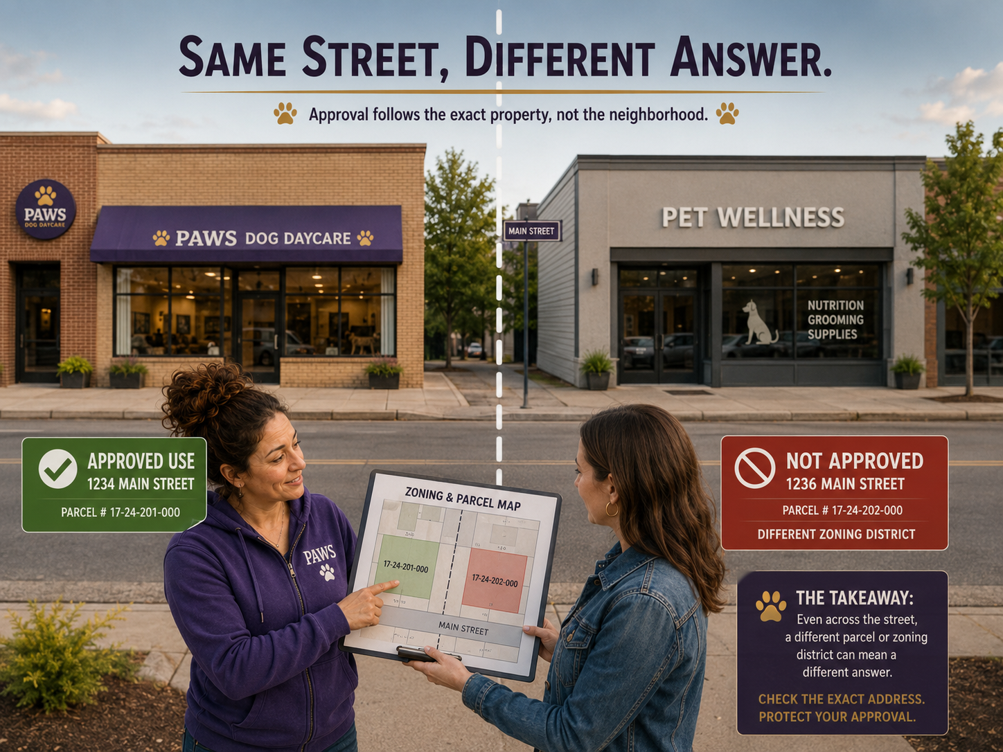 PAWS operator compares two properties on the same street, showing one parcel approved for dog daycare and the neighboring parcel denied under different zoning.