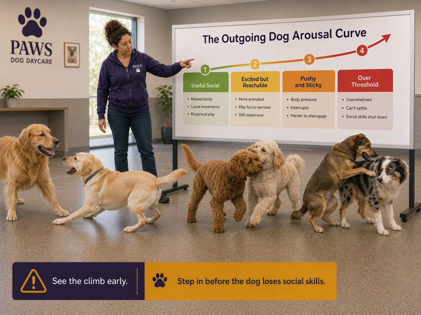 PAWS daycare handler points to an outgoing-dog arousal curve while dogs demonstrate useful social play, rising excitement, pushy pressure, and over-threshold behavior.