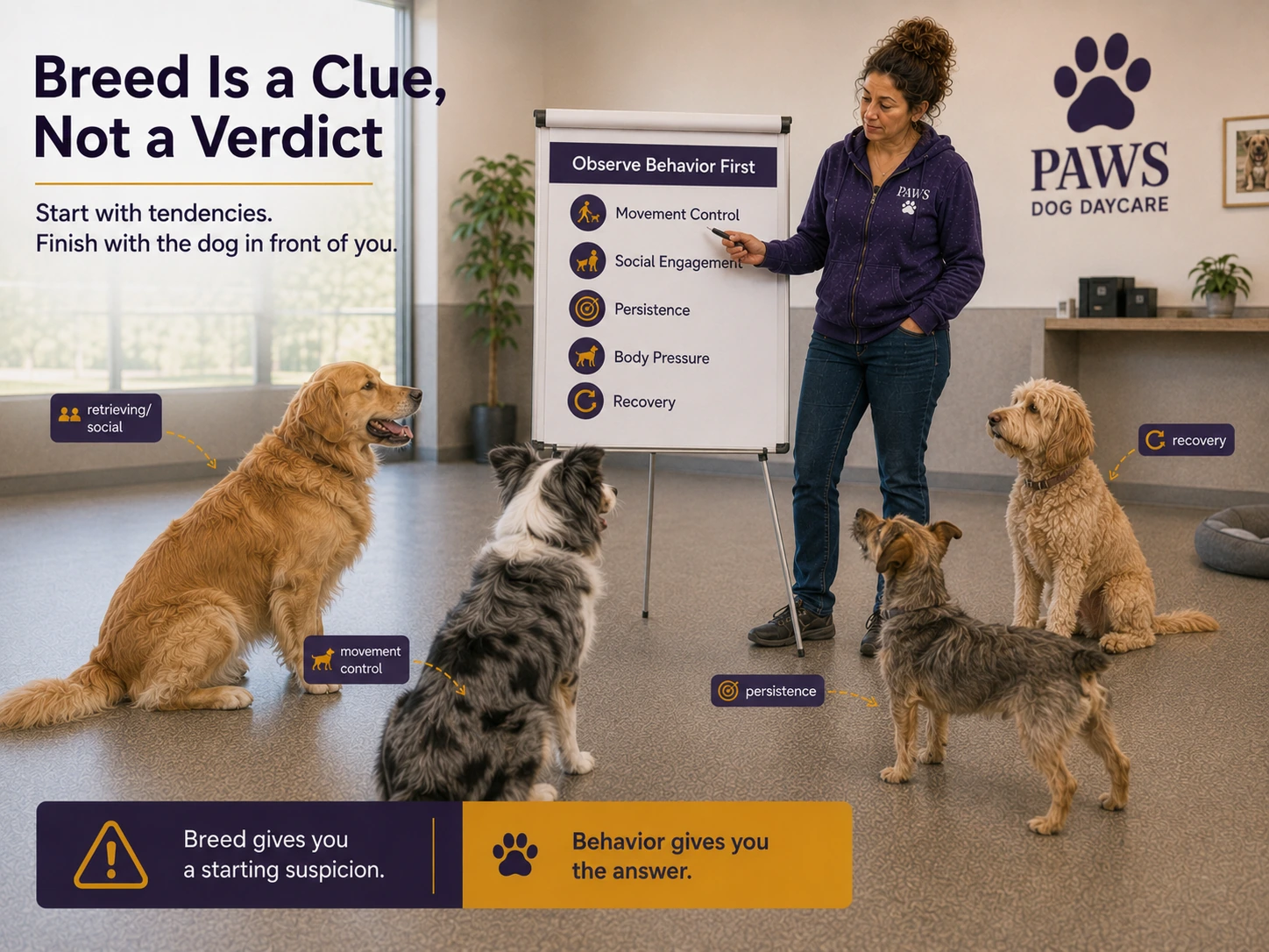 PAWS daycare handler teaches staff to observe movement control, social engagement, persistence, body pressure, and recovery instead of judging dogs by breed alone.