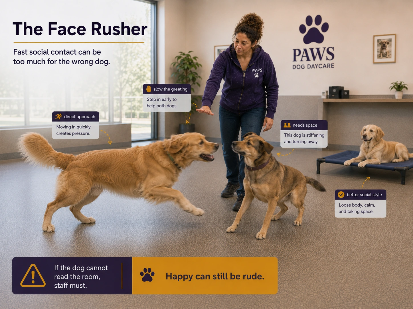 PAWS daycare handler slows a direct face-rushing greeting as one outgoing dog charges forward and the other stiffens and turns away for space.