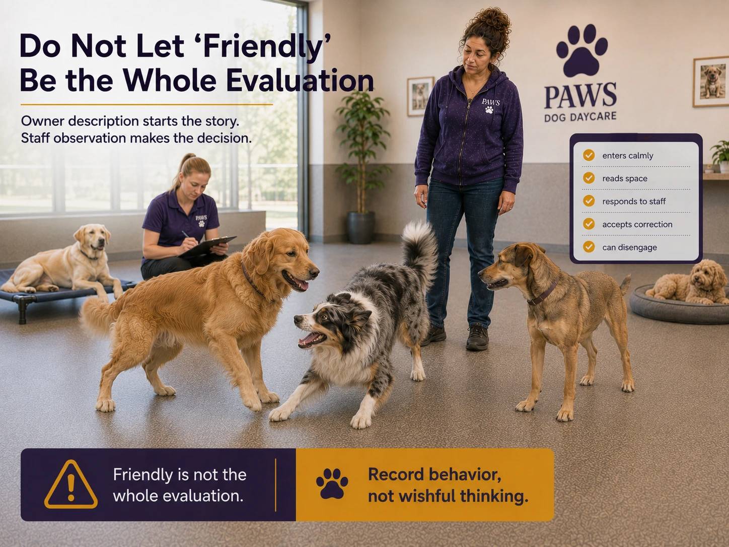 PAWS staff observe and document an outgoing dog’s greeting, space reading, response to staff, acceptance of correction, and ability to disengage during daycare intake.