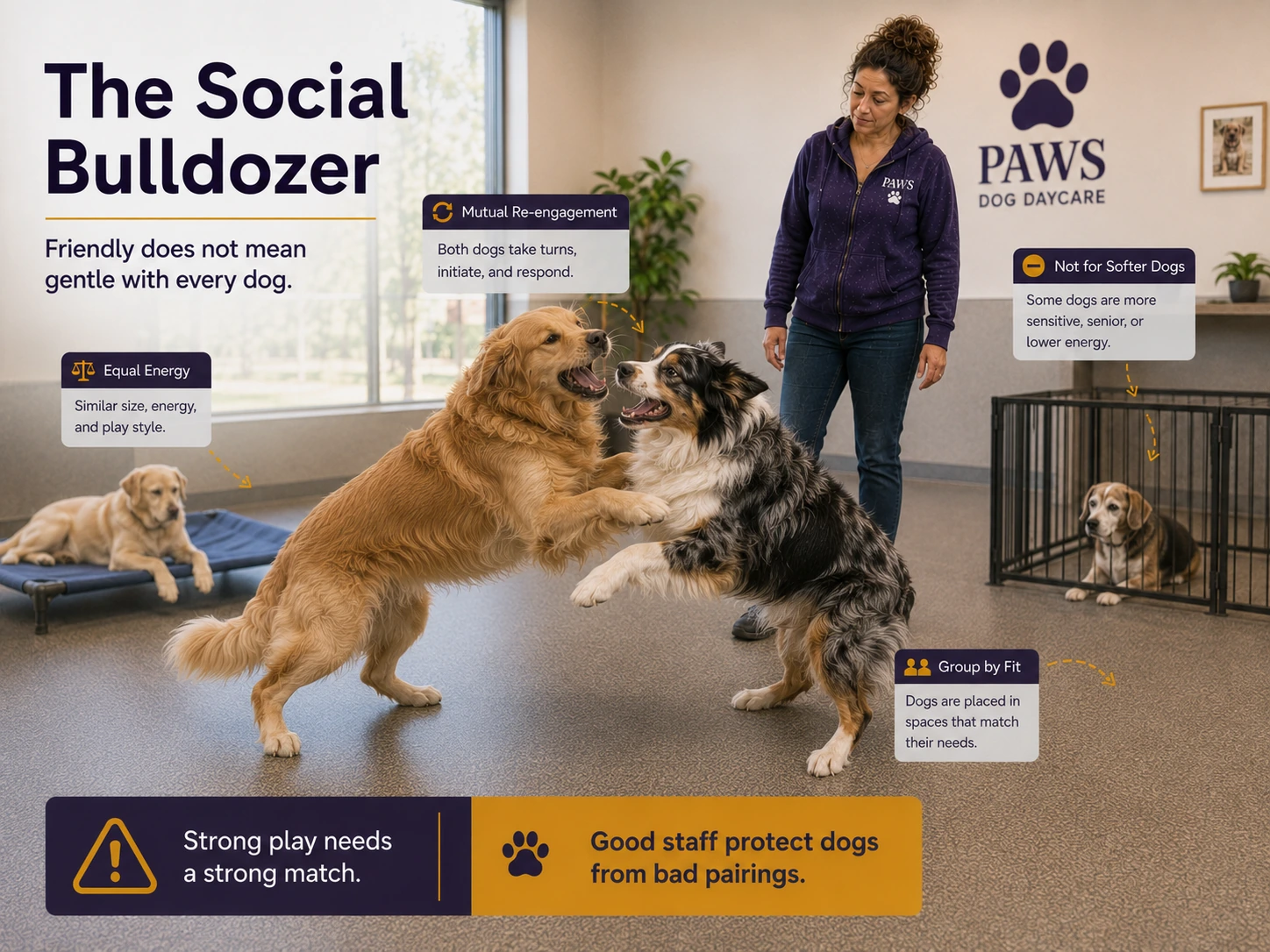 Two evenly matched high-energy dogs engage in mutual rough play while a PAWS handler supervises and softer dogs remain separated from the stronger play style.
