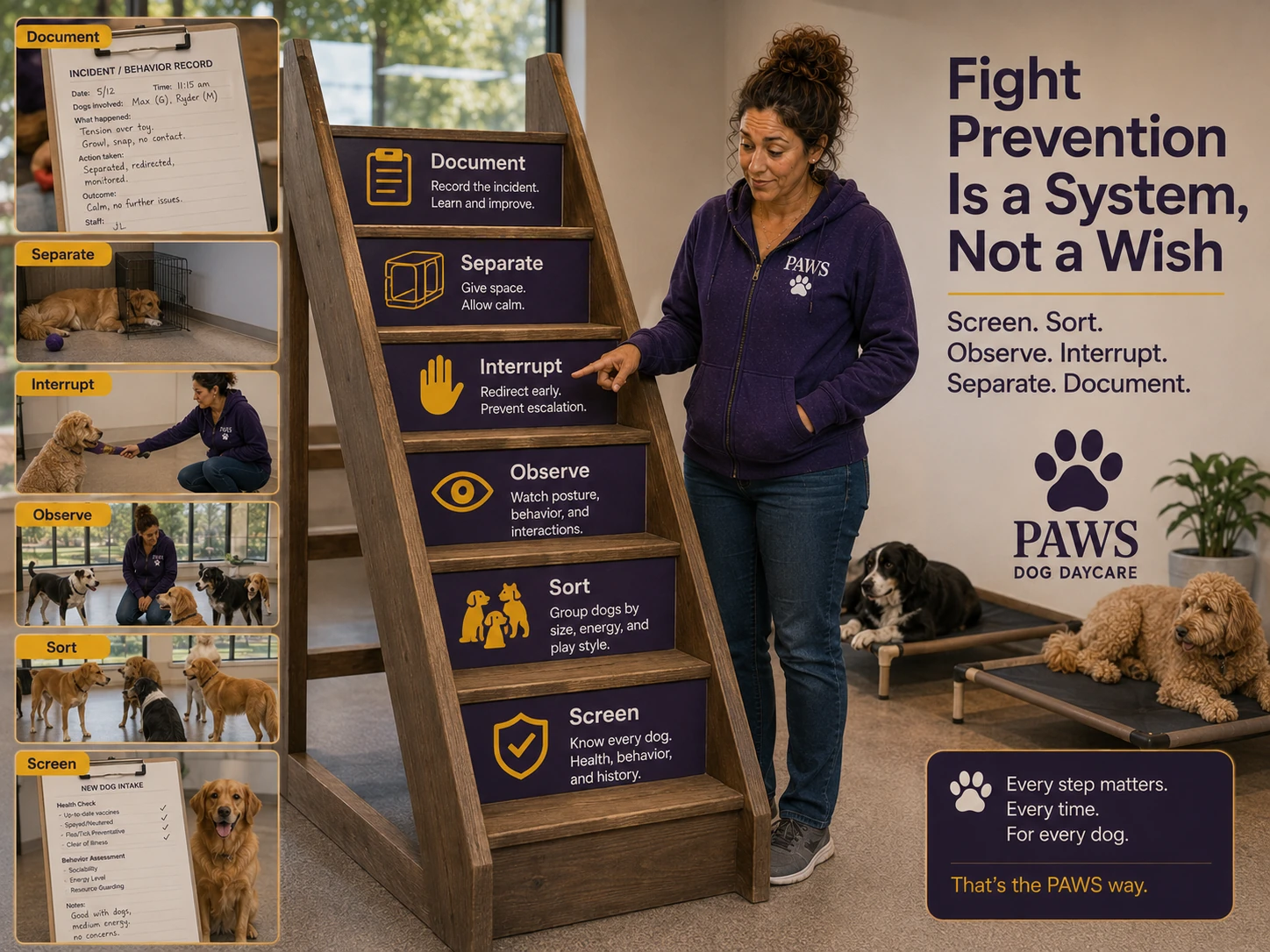 PAWS Lady explains a six-step dog daycare fight-prevention ladder labeled screen, sort, observe, interrupt, separate, and document.