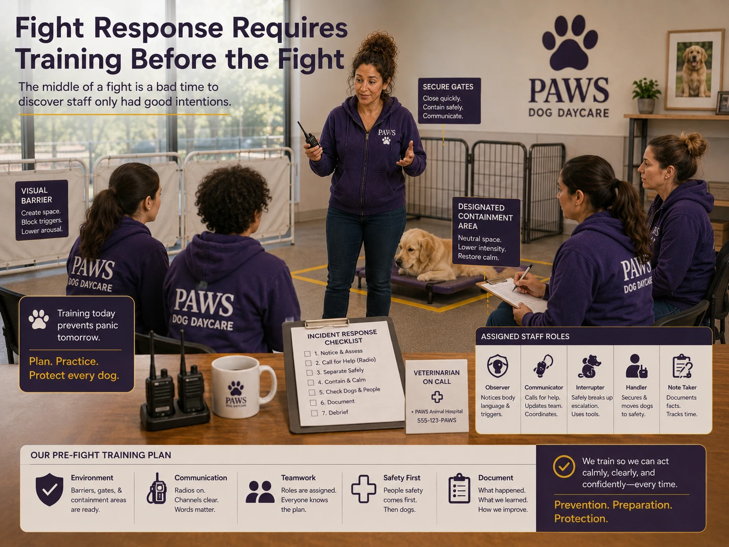 PAWS Lady leads dog daycare staff through a fight-response drill using barriers, gates, radios, assigned roles, containment areas, checklists, and veterinary contacts.