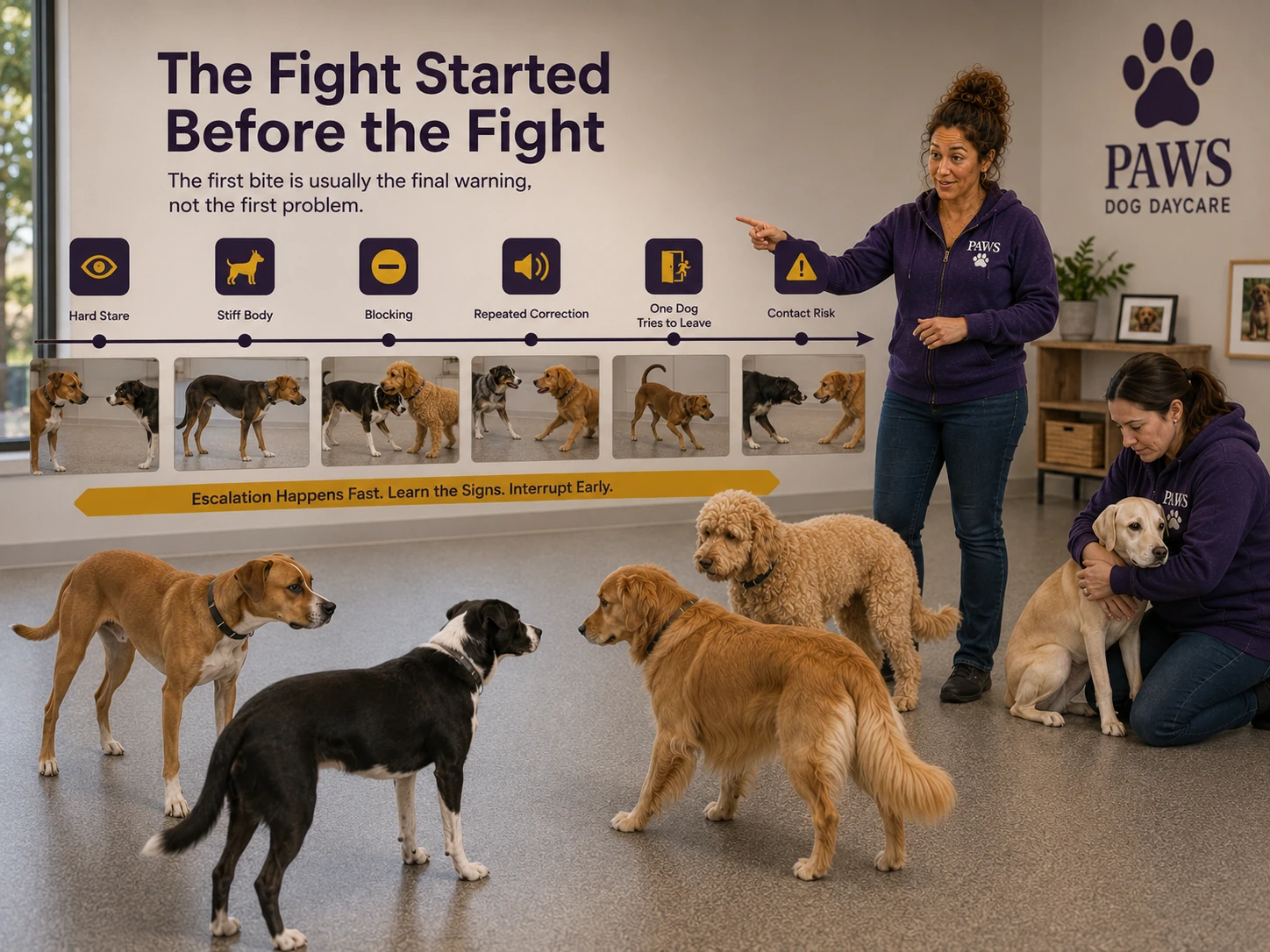 PAWS Lady points to an escalation timeline showing hard staring, stiff posture, blocking, repeated correction, attempted escape, and contact risk before a dog fight.
