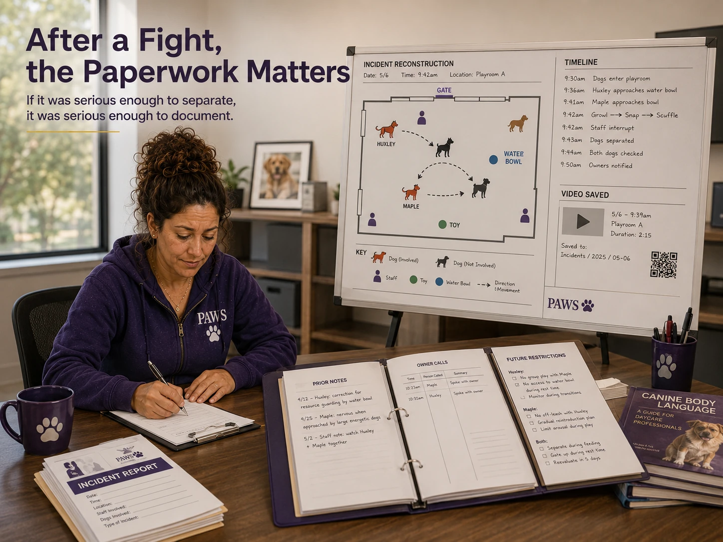 PAWS Lady documents a dog daycare incident using a reconstruction board with dog positions, staff locations, timeline, saved video, owner calls, prior notes, and future restrictions.