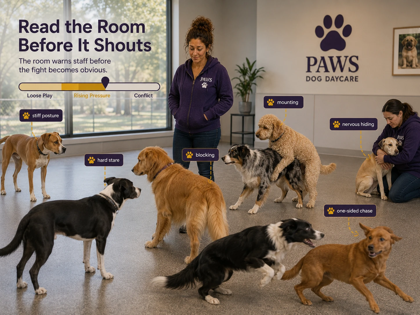 PAWS Lady monitors a dog daycare playroom where labels identify stiff posture, hard staring, blocking, mounting, nervous hiding, and one-sided chasing before conflict.
