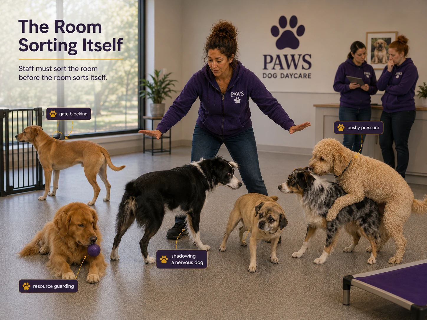 PAWS Lady intervenes as dogs create an unstable playgroup through gate blocking, resource guarding, shadowing a nervous dog, and pushy pressure.