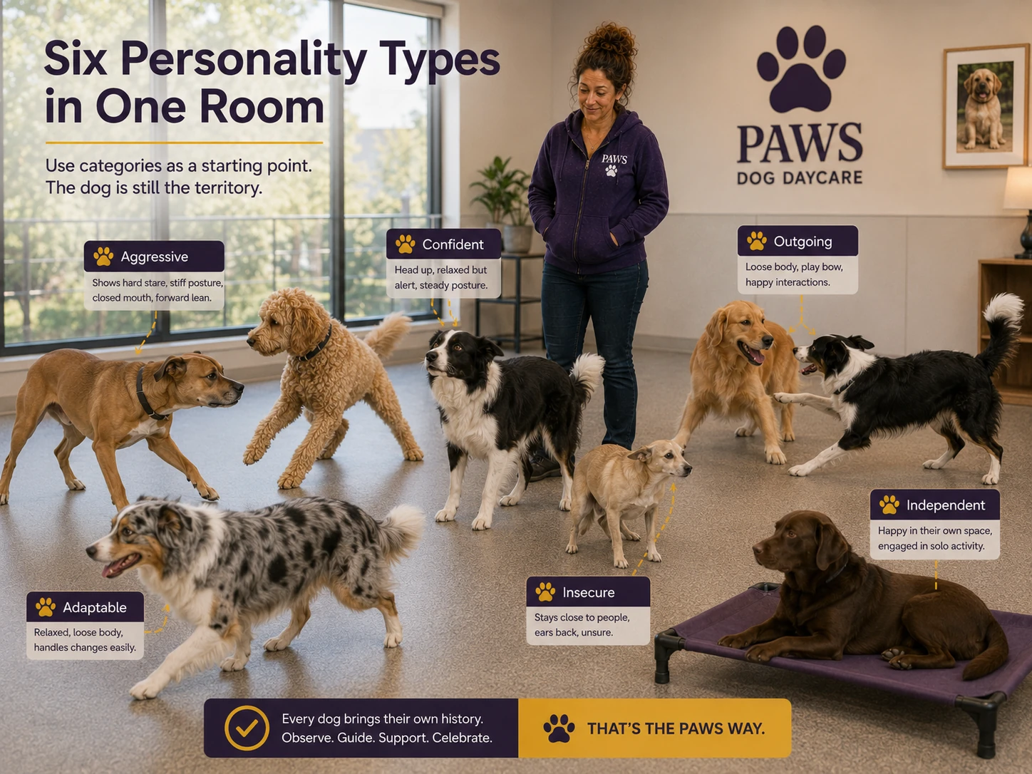 PAWS Lady observes six dogs labeled aggressive, confident, outgoing, adaptable, insecure, and independent in one daycare playroom.