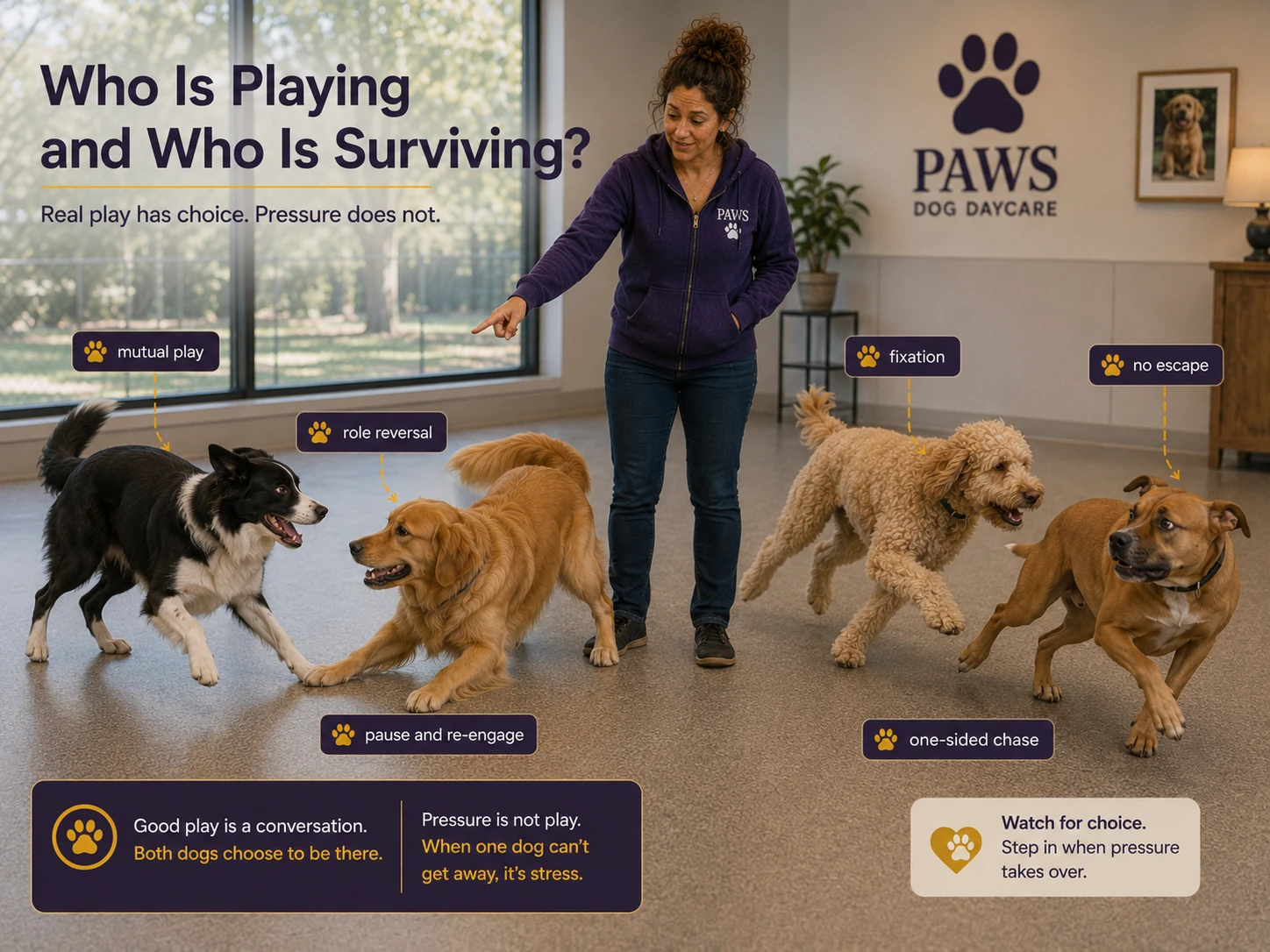 PAWS Lady compares healthy mutual dog play with role reversal and pauses against a one-sided chase marked by fixation and no escape.