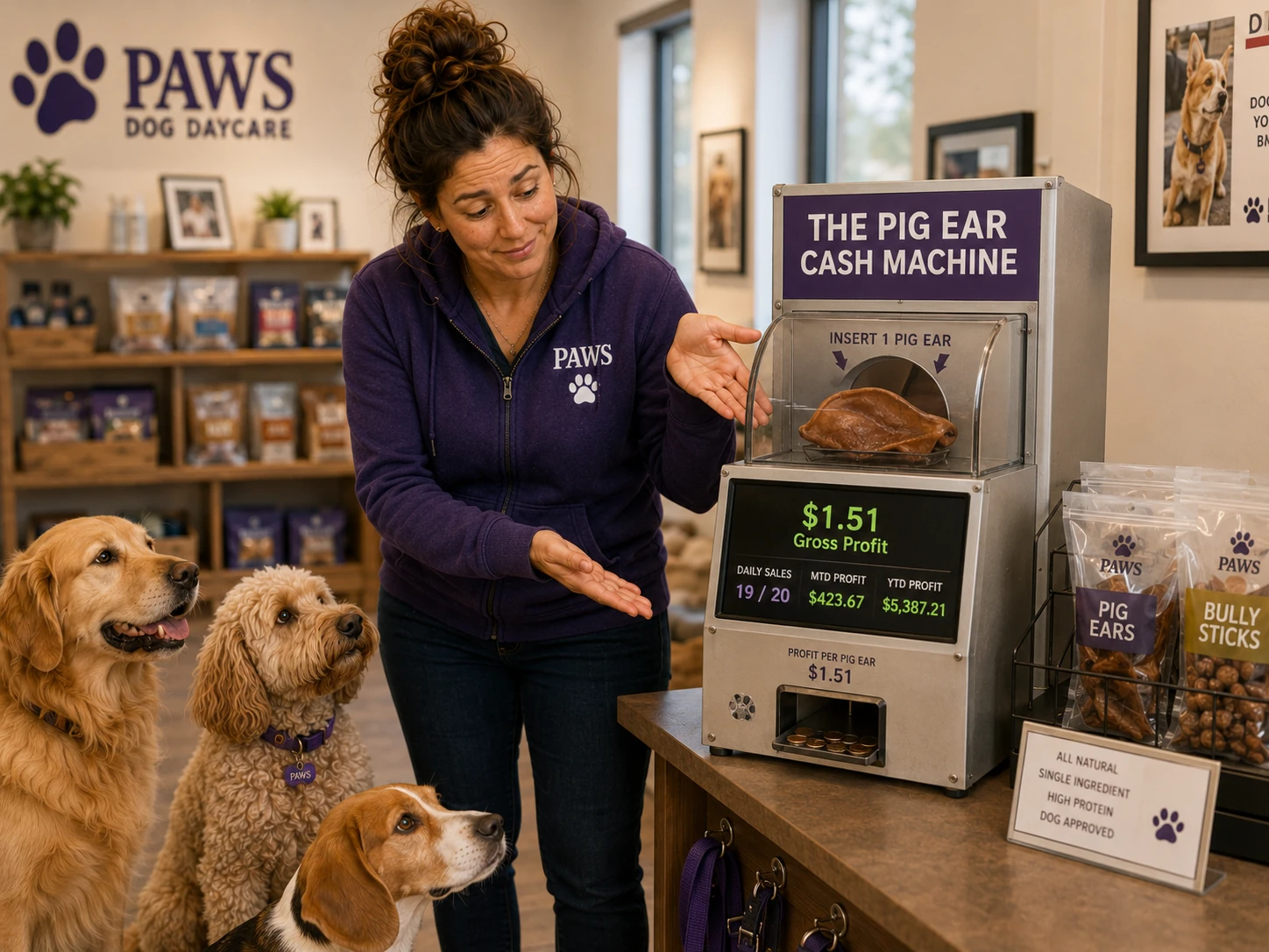 PAWS operator presents a pig-ear cash machine showing $1.51 gross profit per sale with daily, monthly, and yearly totals.