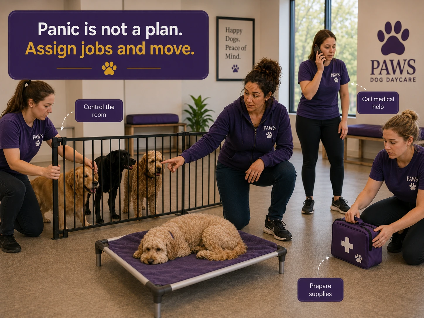 PAWS Lady directs staff as one employee controls the playgroup, another calls medical help, and another prepares the emergency kit.