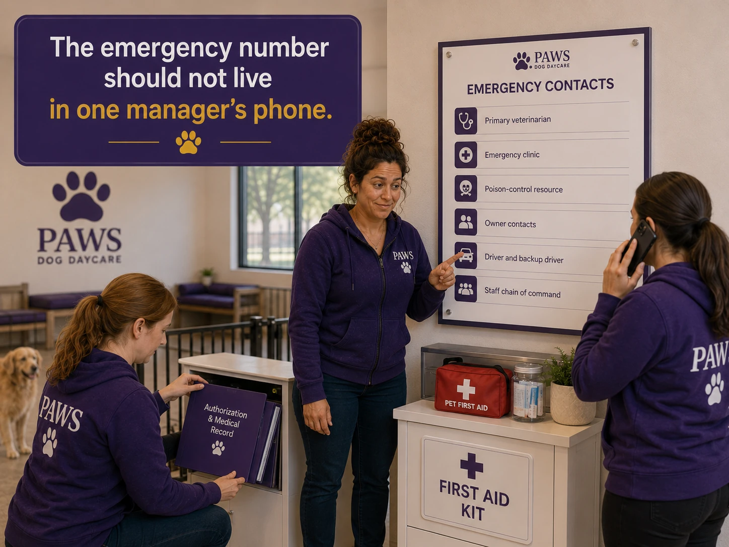PAWS Lady points to a posted emergency contact board while employees call for help and retrieve the dog’s authorization and medical records.
