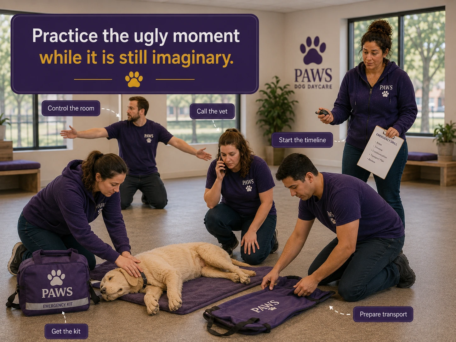 PAWS Lady runs a timed dog daycare emergency drill while staff practice calling the vet, controlling the room, retrieving the kit, preparing transport, and recording the timeline.