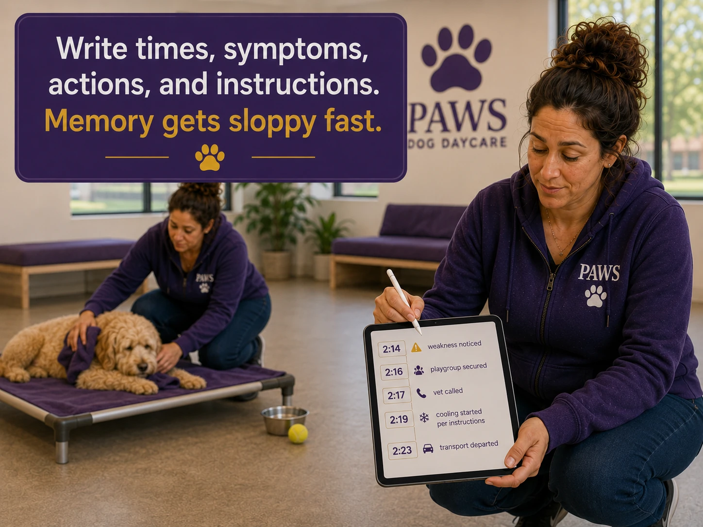 PAWS Lady records emergency times and actions on a tablet while another employee monitors a sick dog on a raised purple bed.