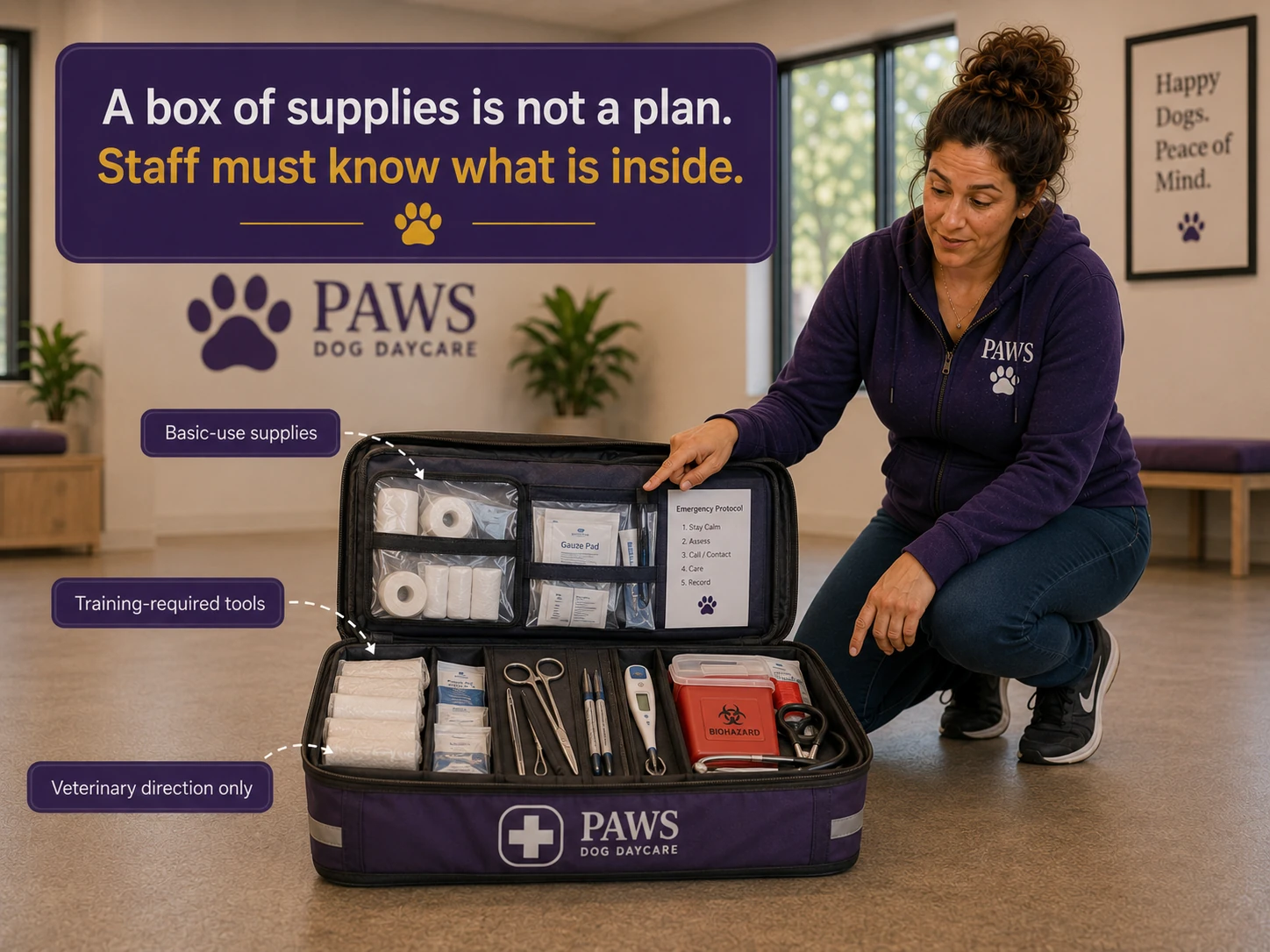 PAWS Lady reviews an organized pet first-aid kit divided into basic-use supplies, training-required tools, and veterinary-direction items.