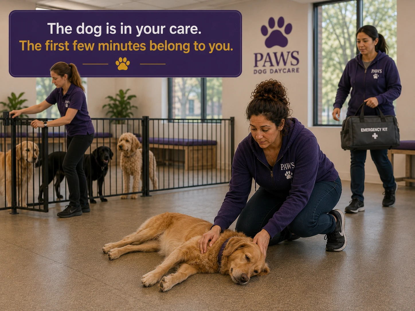 PAWS Lady checks a weak golden dog while one daycare employee secures the playgroup and another brings the emergency kit.