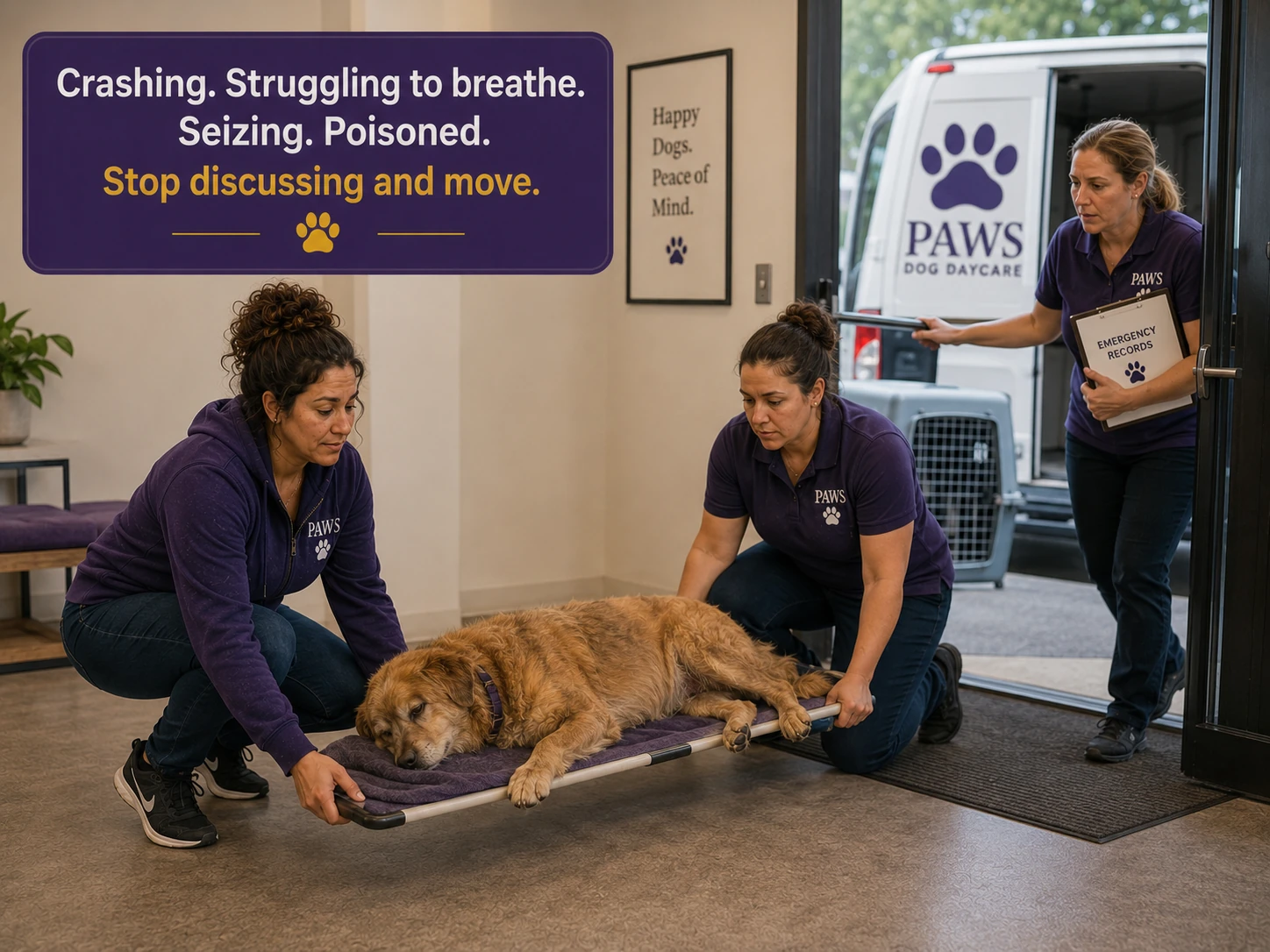 PAWS Lady and another employee carry a collapsed golden dog on a stretcher toward a waiting transport vehicle while a third staff member brings emergency records.