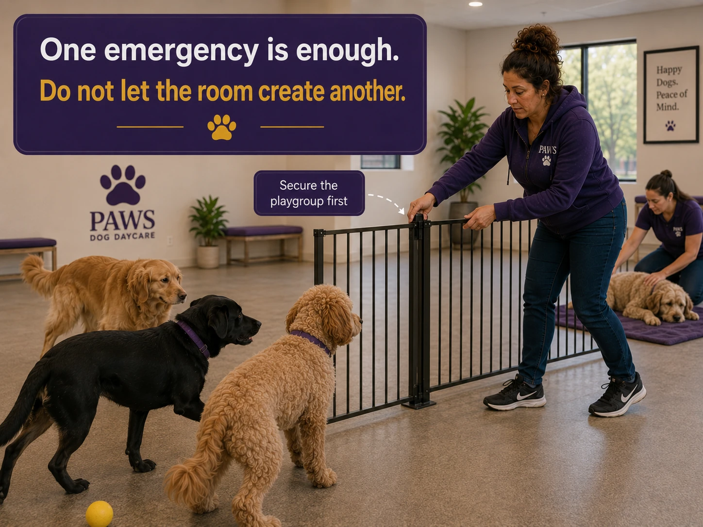 PAWS Lady secures the daycare playgroup behind a gate while another employee stays with a sick dog in a separate area.