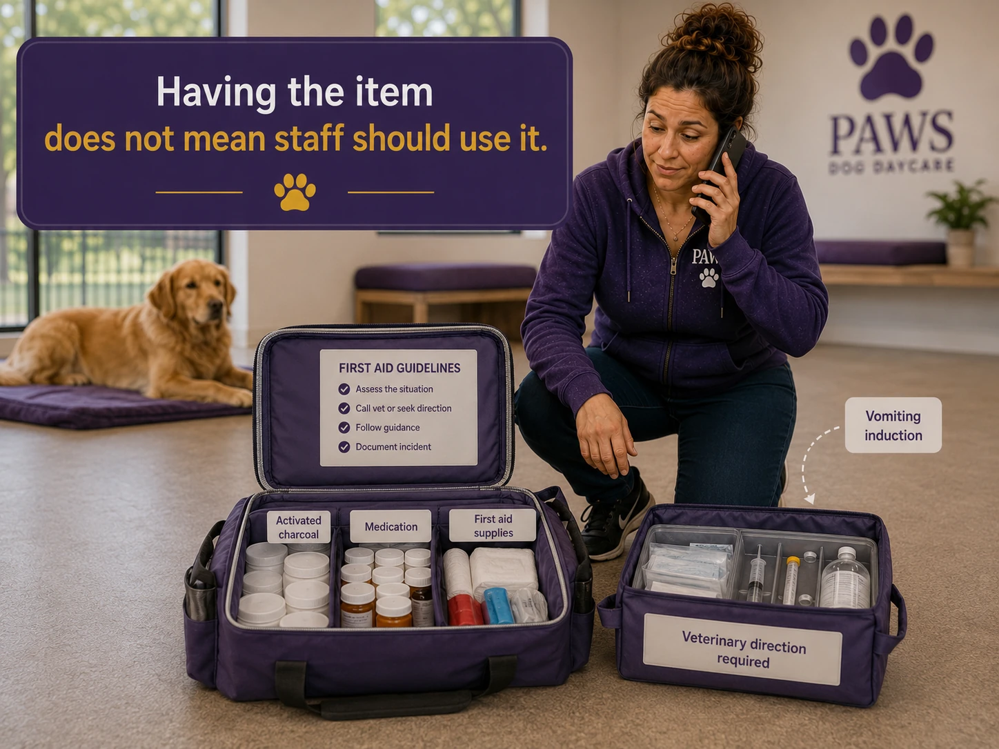 PAWS Lady calls a veterinarian while medication, activated charcoal, syringes, fluids, and vomiting-induction supplies remain untouched in open emergency bags.