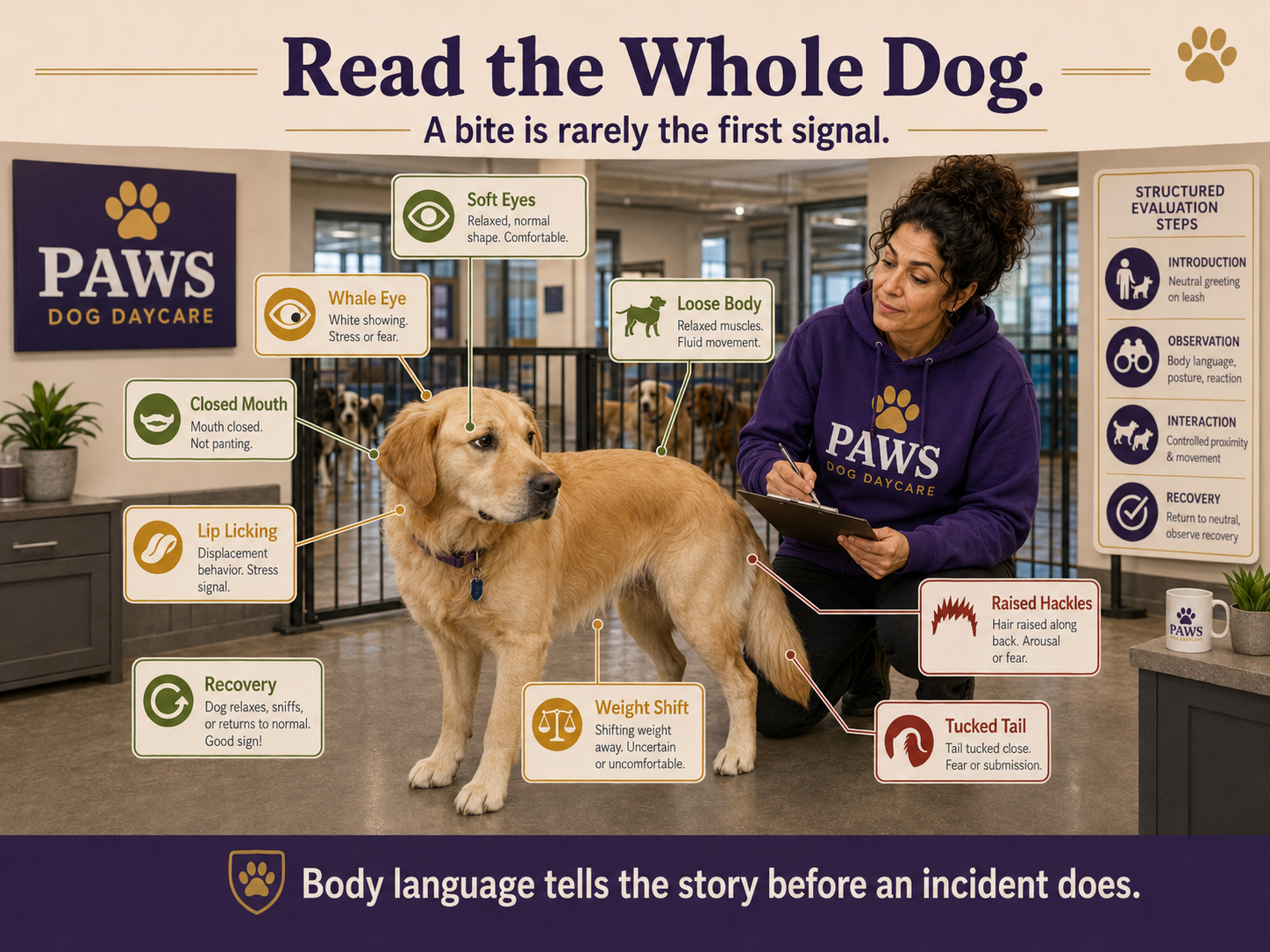 PAWS evaluator reading a dog's whole-body language during a temperament test, including soft eyes, whale eye, lip licking, weight shift, raised hackles, tucked tail, and recovery.