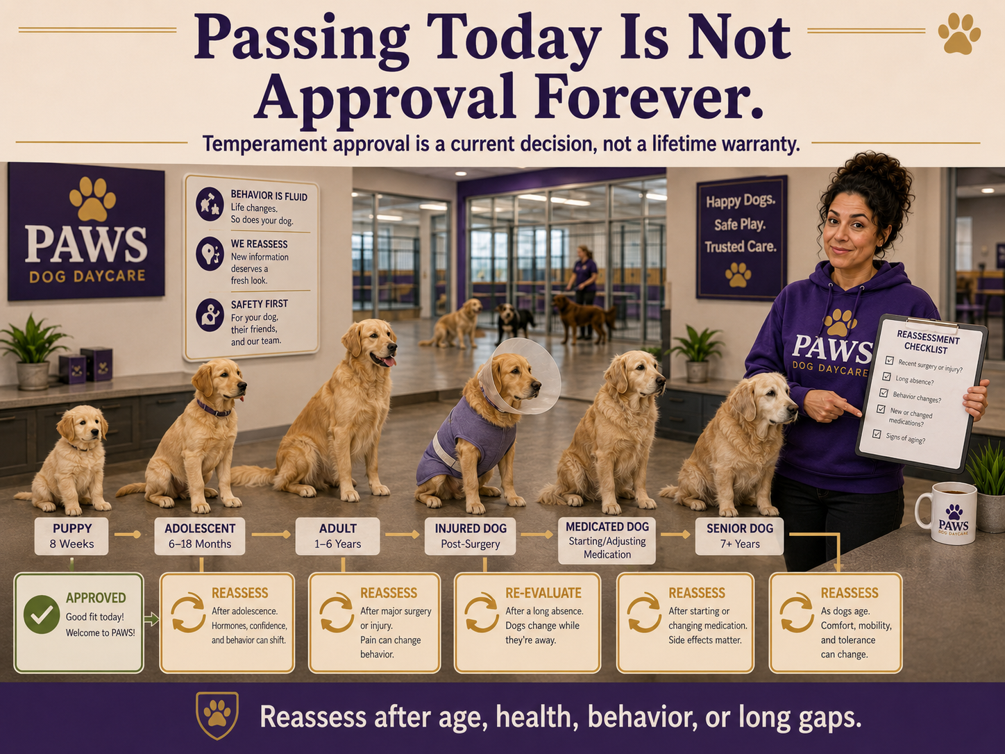 Dog daycare temperament-test reassessment timeline showing reevaluation after adolescence, surgery or injury, long absences, medication changes, aging, and behavior changes.