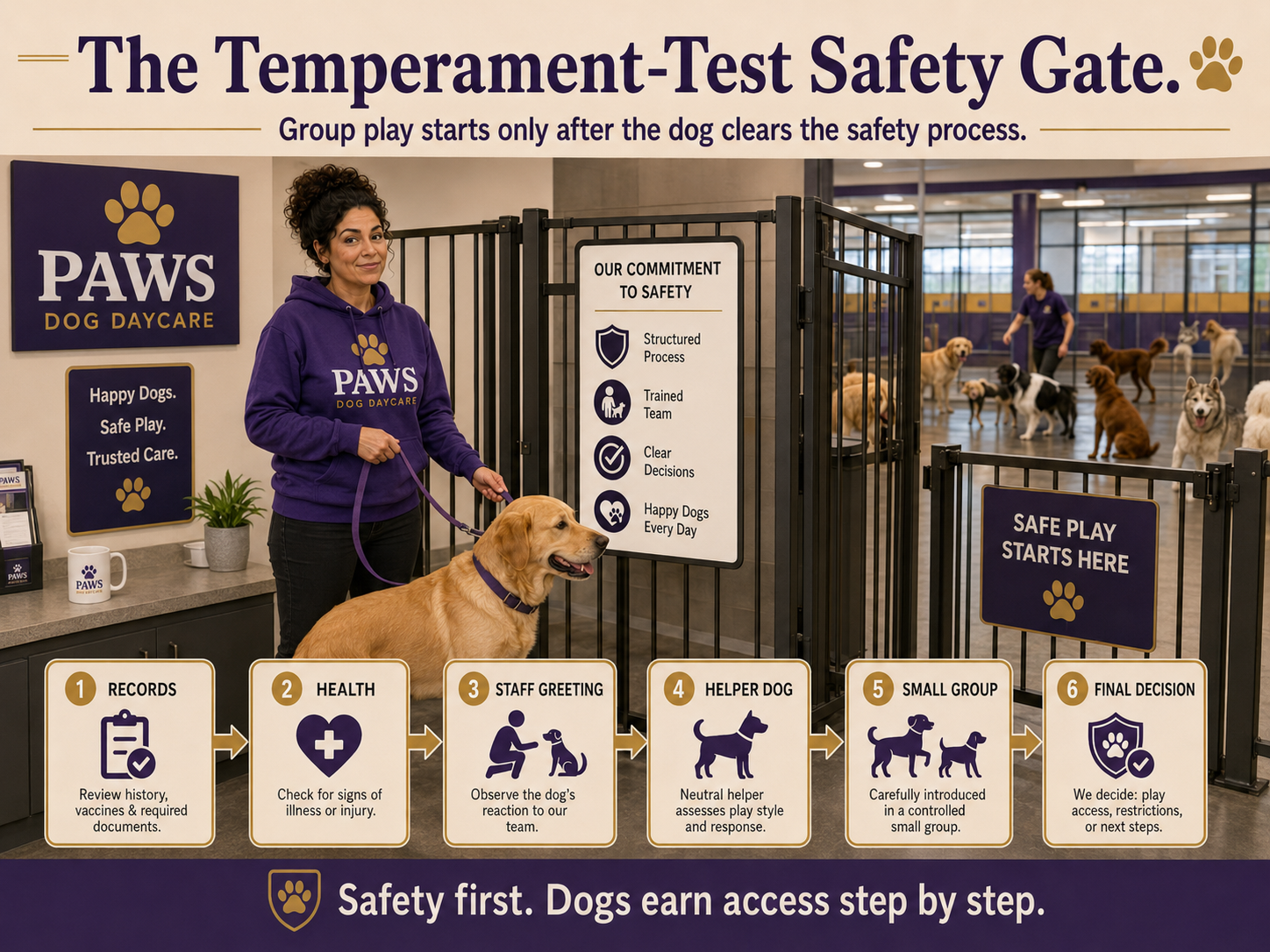 Dog daycare temperament-test safety gate showing records review, health check, staff greeting, helper-dog introduction, small-group observation, and final decision.