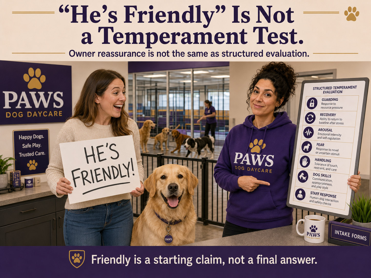 Dog owner saying her dog is friendly while PAWS staff explains the structured temperament evaluation used for guarding, recovery, arousal, fear, handling, dog skills, and staff response.