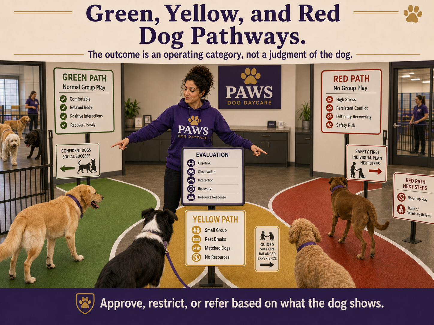Green, yellow, and red dog daycare pathways showing normal group play, restricted supported care, or no group play based on observed behavior.