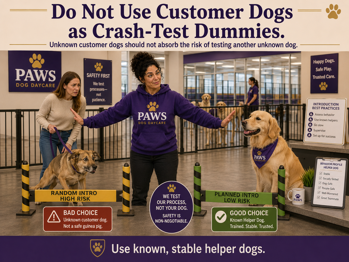 PAWS staff separating a random high-risk customer-dog introduction from a planned low-risk introduction using a known stable helper dog.