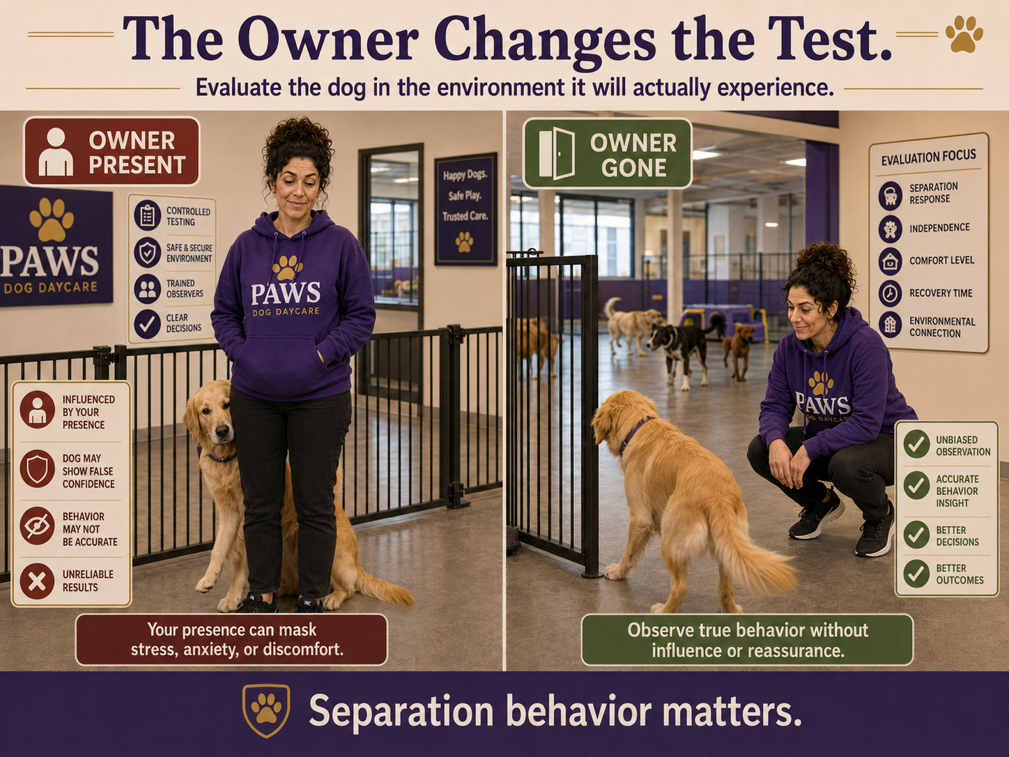 Split dog daycare evaluation comparing behavior with the owner present and after the owner leaves to reveal separation response, independence, comfort, and recovery.