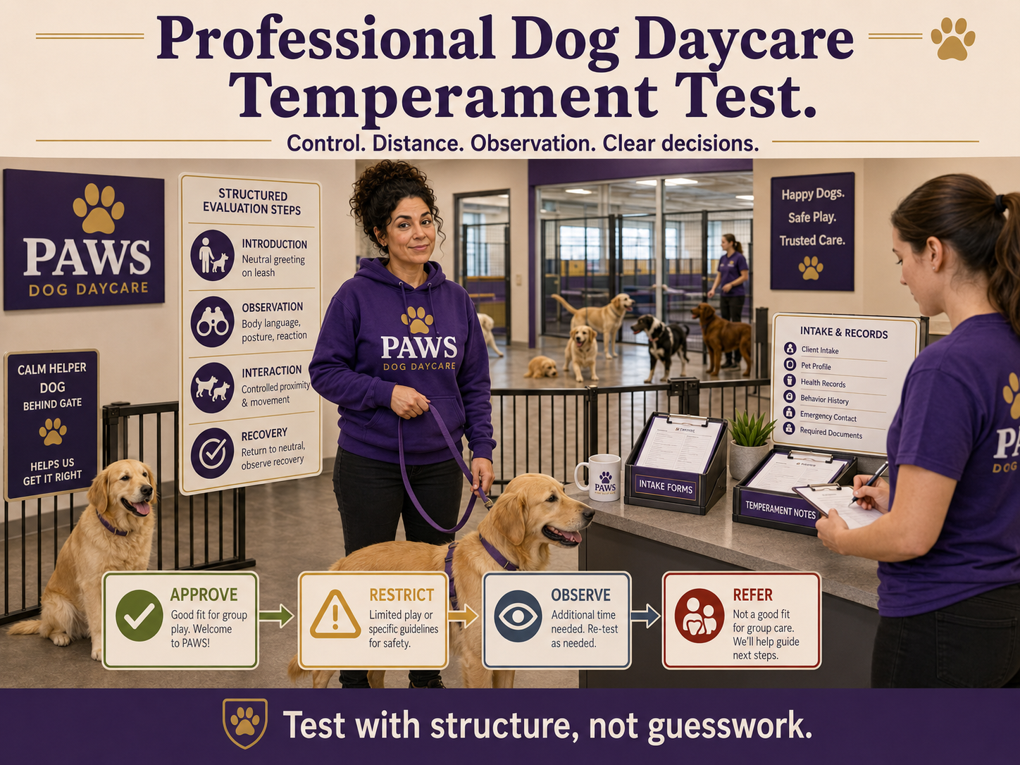 PAWS staff conducting a structured professional dog daycare temperament test with controlled observation and approve, restrict, observe, or refer outcomes.