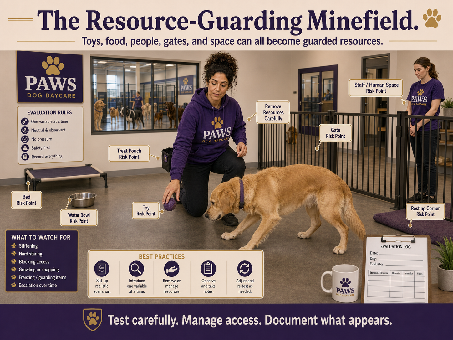 PAWS evaluator testing resource guarding around a toy while identifying possible risk points such as food, water, beds, gates, resting spaces, treats, and people.