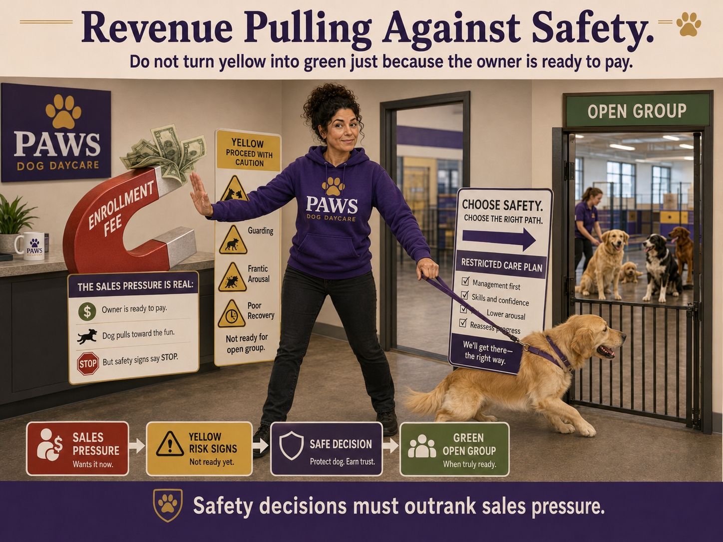PAWS staff resisting enrollment pressure and choosing a restricted care plan because dog temperament-test safety signs are not yet suitable for open group play.