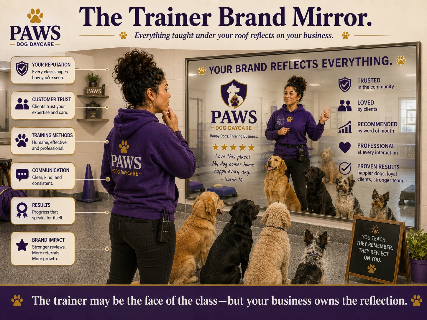 PAWS dog daycare operator studies a large mirror showing that training methods, communication, results, and customer trust all reflect directly on the business brand.