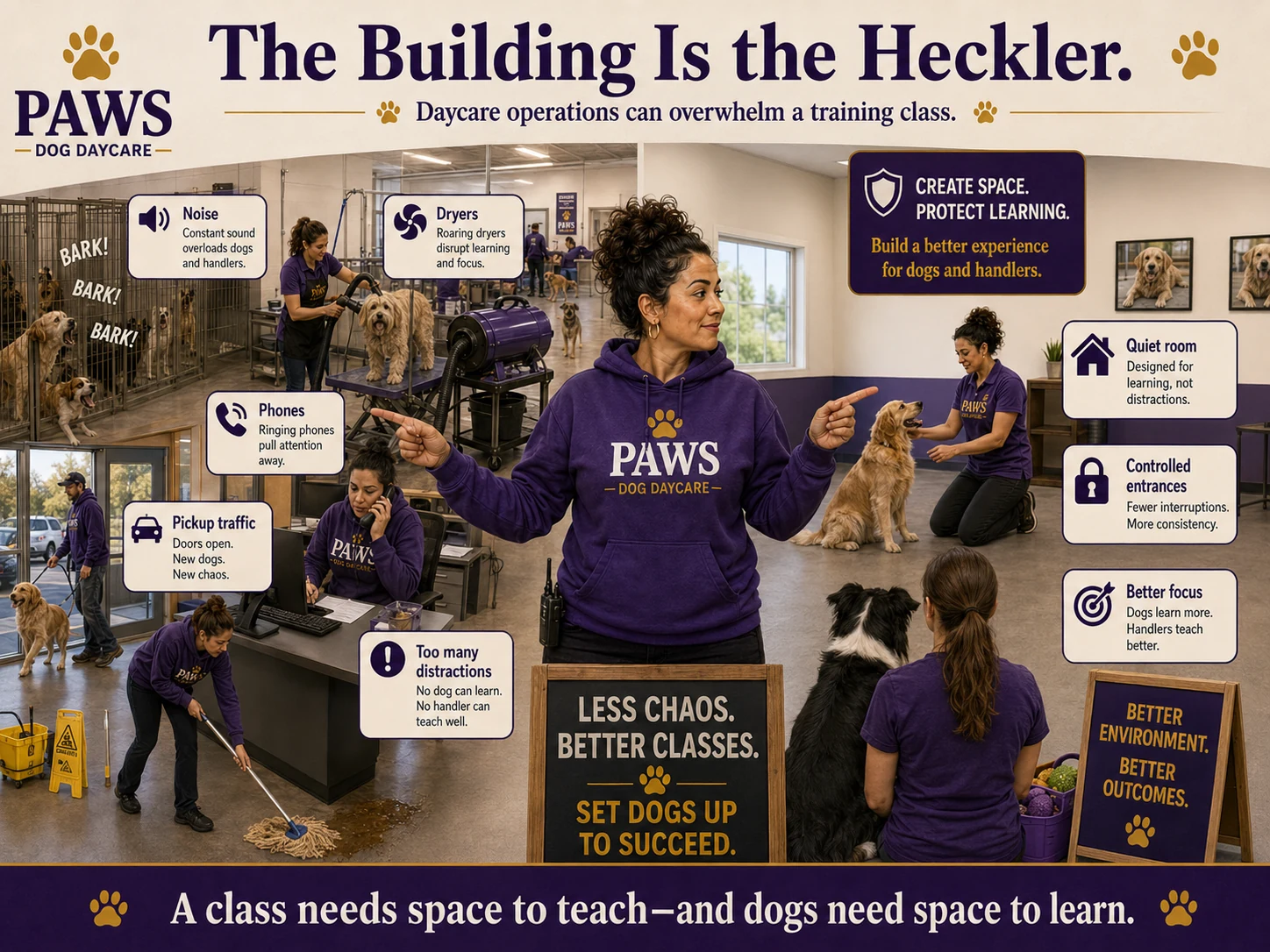 PAWS dog daycare operator contrasts a noisy, interruption-filled daycare environment with a quiet dedicated training room to show how building distractions can sabotage learning.