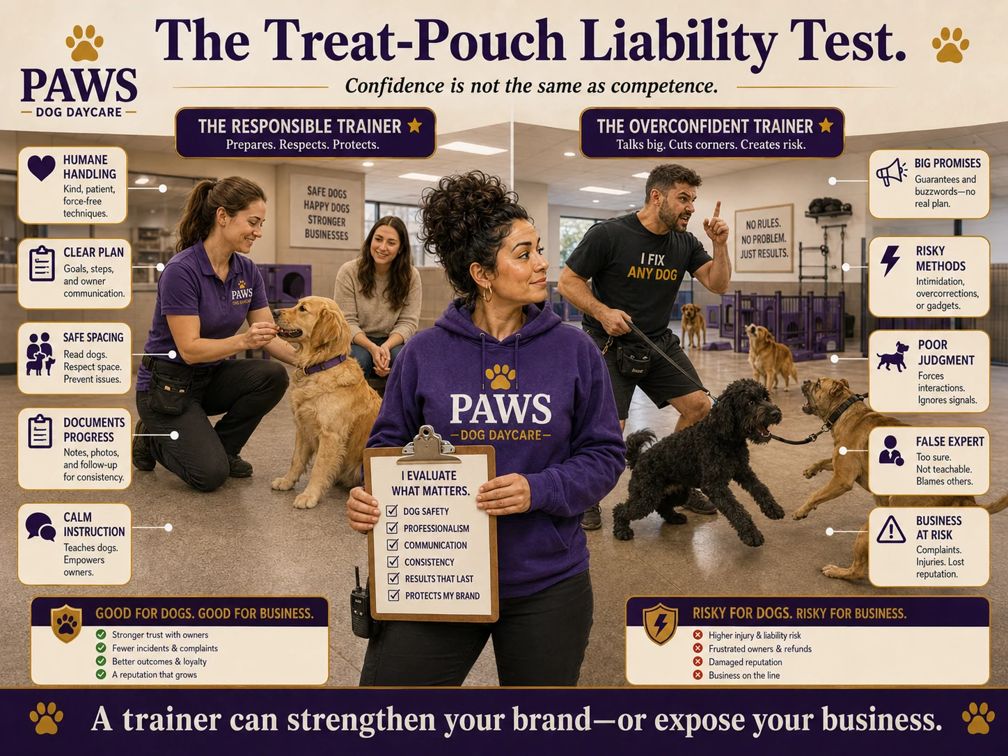PAWS dog daycare operator compares a calm, professional dog trainer using humane handling and documentation with an overconfident trainer whose reckless methods create risk for dogs, clients, and the business.