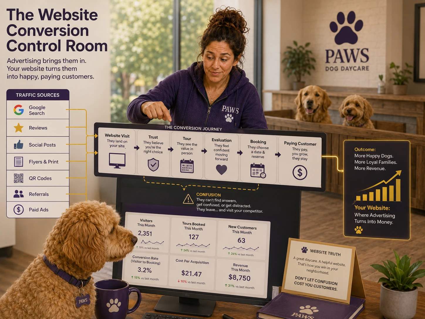 PAWS Lady operates a website conversion dashboard that turns traffic from Google, reviews, social posts, flyers, QR codes, referrals, and paid ads into tours, evaluations, bookings, and paying customers.