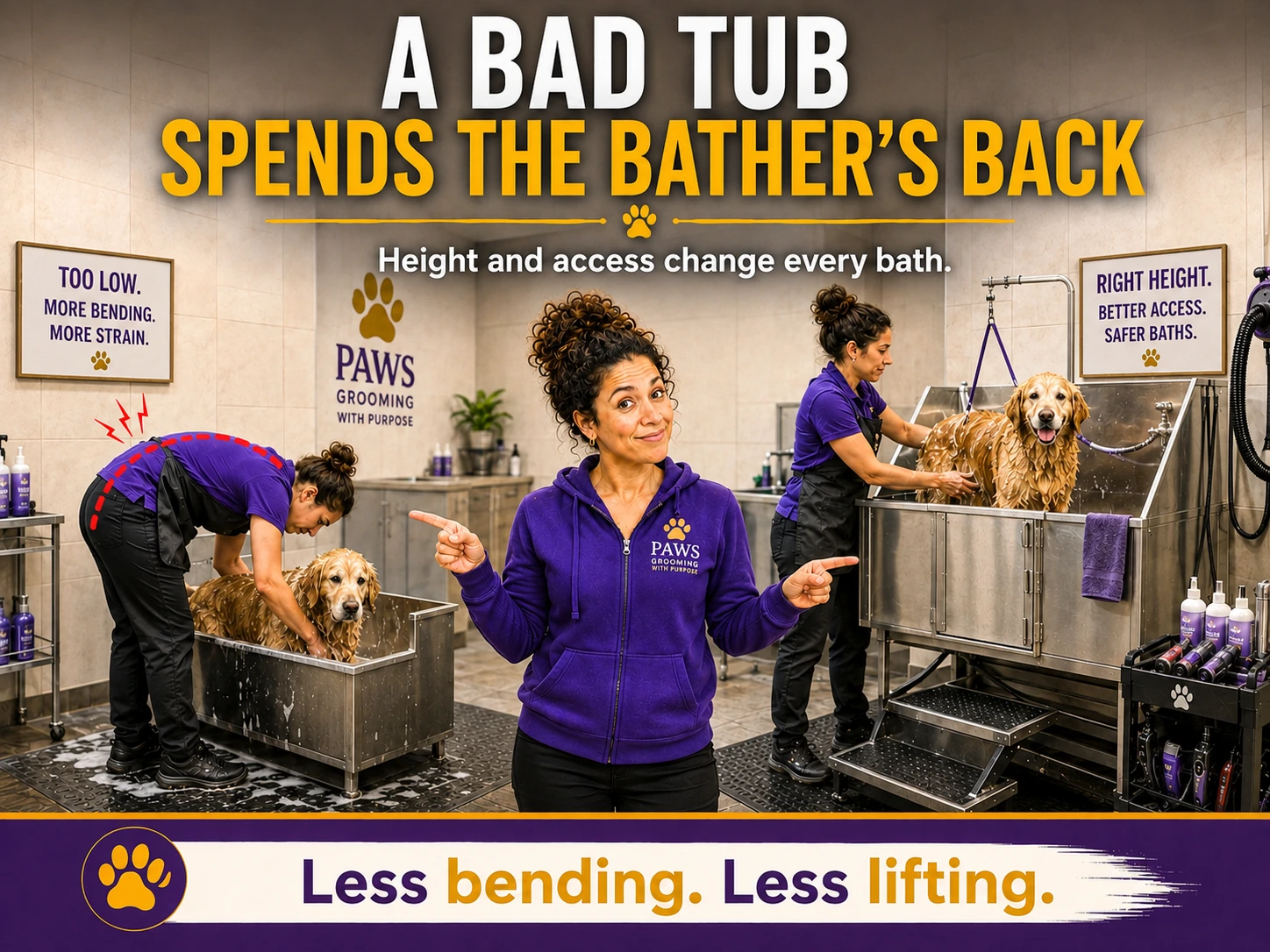 PAWS Grooming poster comparing a low difficult bathing tub that forces bending with a better-height tub that improves access and reduces strain.