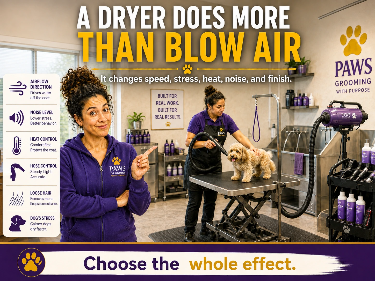 PAWS Grooming poster showing a groomer using a professional dryer on a small dog with callouts for airflow direction, noise, heat control, hose control, loose hair removal, and dog stress.